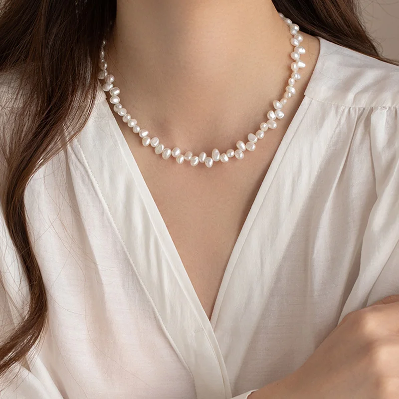 YWYC 4-5mm Baroque Freshwater Pearl Necklaces for Women 38cm 4cm Extend Chain Adjustable Flower Pearl Necklaces Jewelry Gift