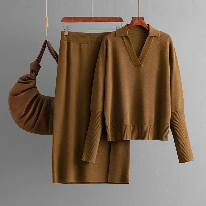 أزياء المرأة 2025 الخريف الشتاء فضفاضة بلون طوق محبوك سترة وتنورة قطعتين مجموعة #2