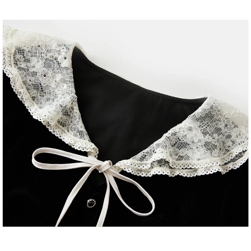 Sukienka damska Fengbaoyu z luksusowego jedwabiu aksamitnego z koronkowym wykończeniem, styl Hébó, elegancka, pełna wdzięku, francuska retro romantyczna sukienka codzienna.