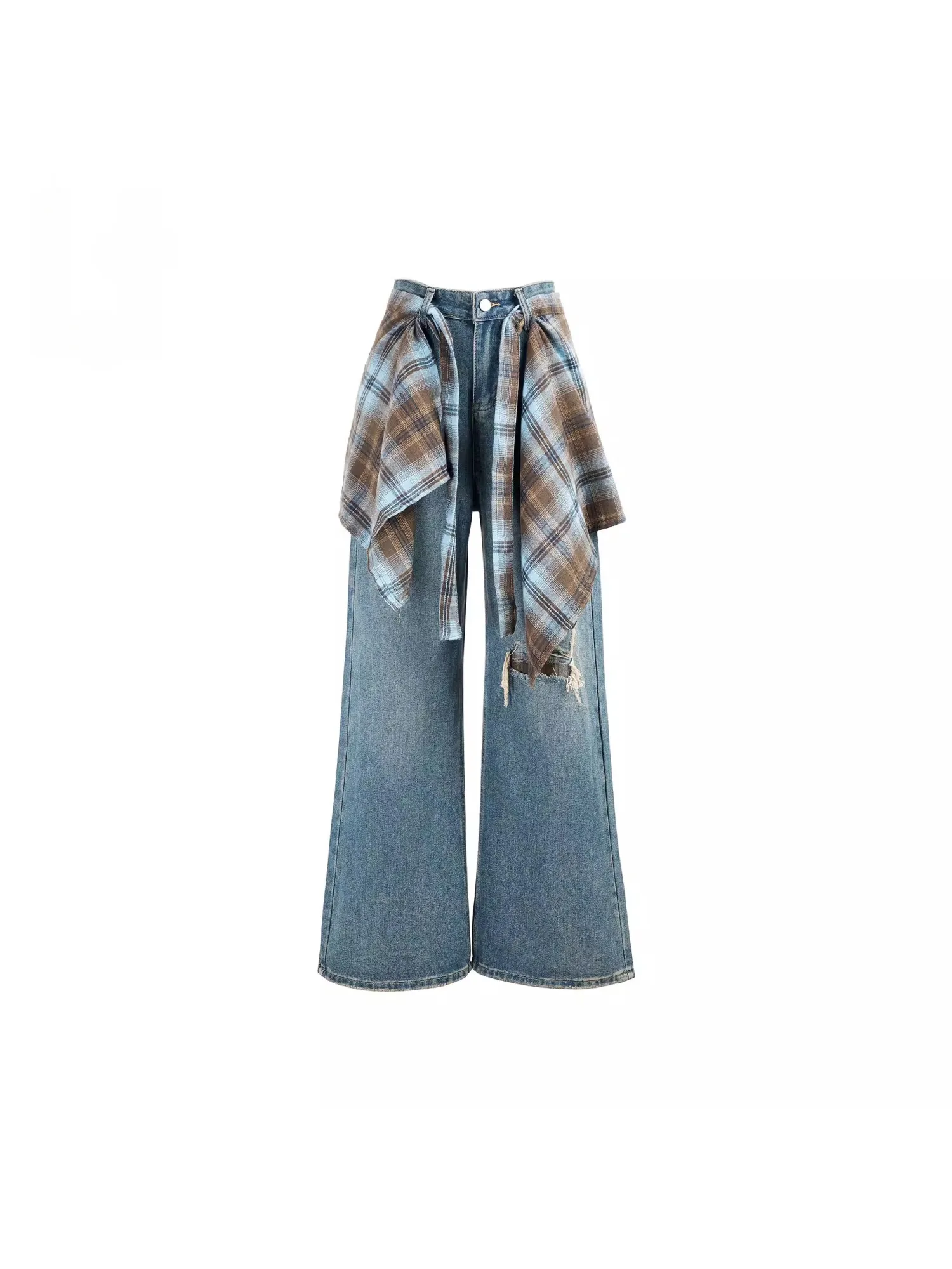 Calça Jeans Feminina Forever 21 Vintage Criativa com Cortina Xadrez Destacável e Efeito de Buraco, Solta, de Cintura Alta, Pe...