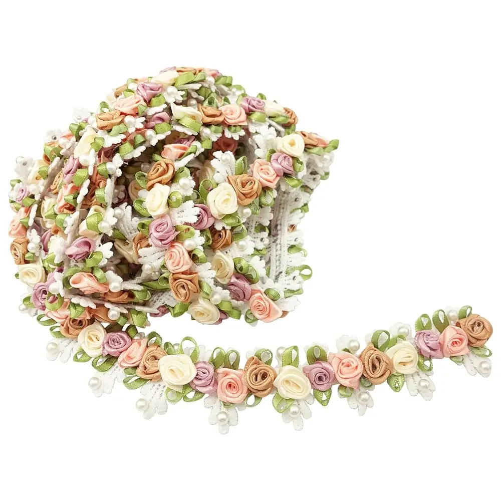 

3Yards Flower Lace Edge Trim Vintage Ribbon Rose Pearl Beads Fabric Embroidered Applique for Sewing Bridal Dress Party Clothe