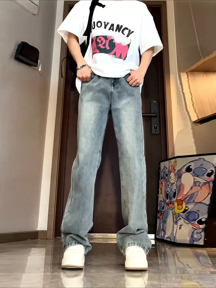 

Мужские джинсы синего цвета в стиле ретро, летние, тонкие, прямого кроя, с расклешенными штанинами, в американском уличном стиле, свободного кроя, из хлопкового денима