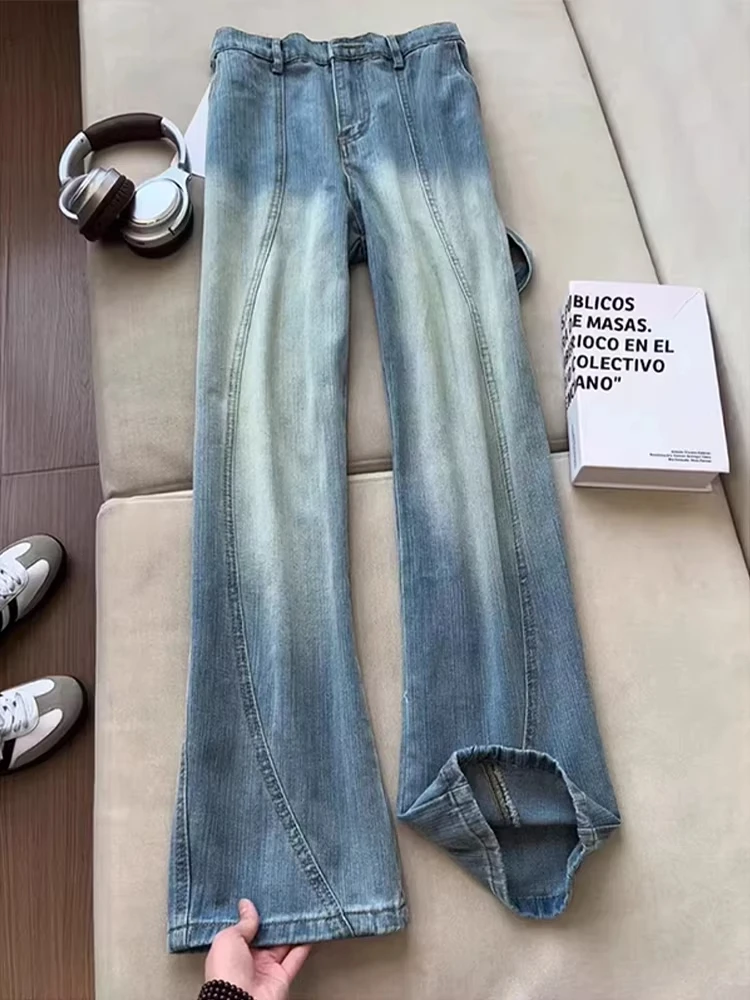

Retro Blue Bamboo Knot Pattern Cowboy Jeans Men's Sle American High Street Vibe Pants Tapered Straight Leg Micro Flared