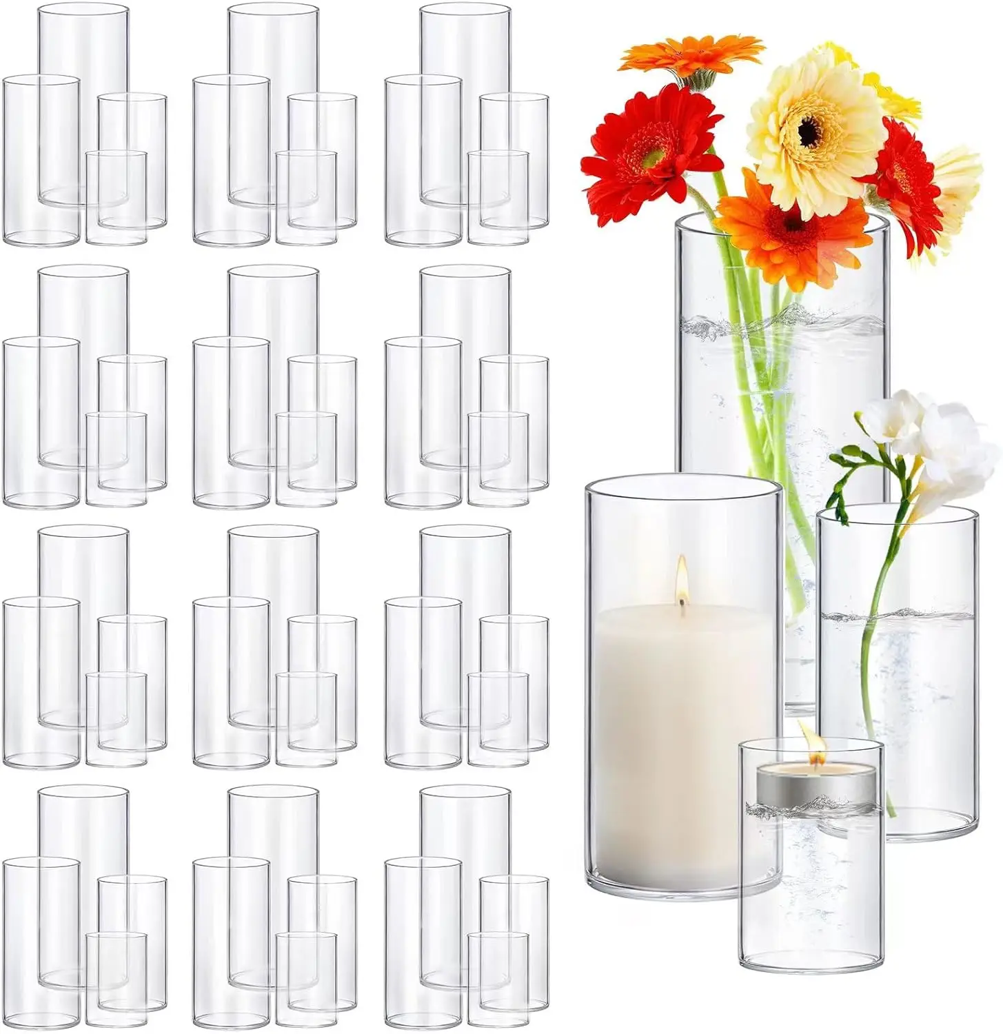 Glass Cylinder Vases 4,6,9,12 Inch Tall Clear Flower Vase Hurricane Floating Candle Holder for Table Centerpiece W