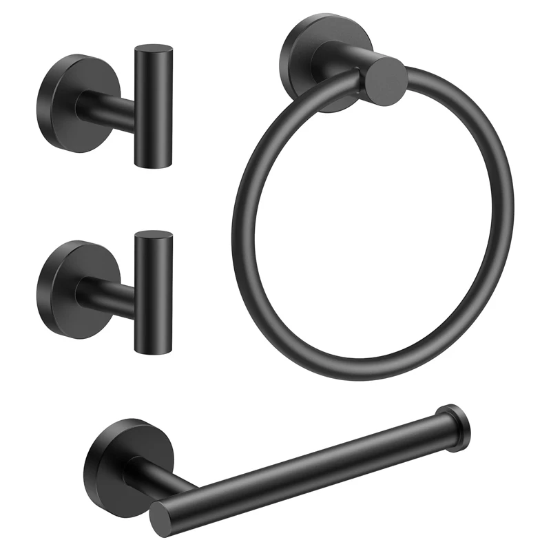 4-Piece Bathroom Accessory Set, Toilet Paper Holder, Towel Ring and 2 Towel Hooks, Wall-Mounted Bathroom Hardware Set (Black)