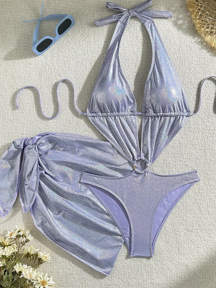 2025 New Summer Swimwear Bikinis Set Sexy Laced Up Hollow Out One Piece Swimsuit 2 Piece Set Women High Waist Solid Beach Bikini