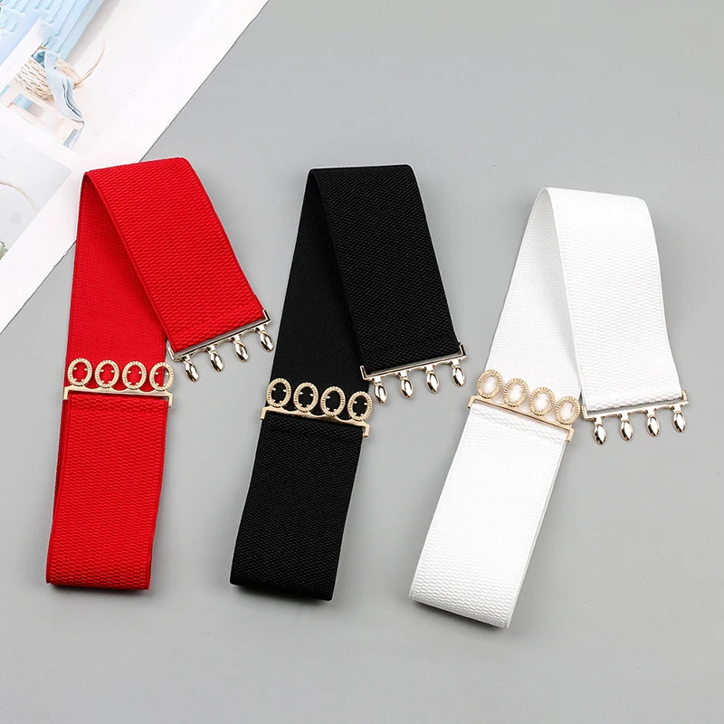 Women Wide Elastic Stretch Waist Belt Metal Buckle Corset Cinch Strap Dress Decorative Waistband Accessory