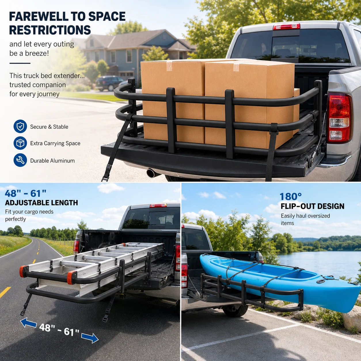 Truck Bed Extender, Adjustable Length Truck Bed Extender, Universal Truck Bed Extender, 48-61 Inches, 180 Degree Flip, Aluminum Tailgate Extension for Pickup Truck, Black, Foldable, Heavy Duty, Cargo Carrier, Portable, Includes Straps
