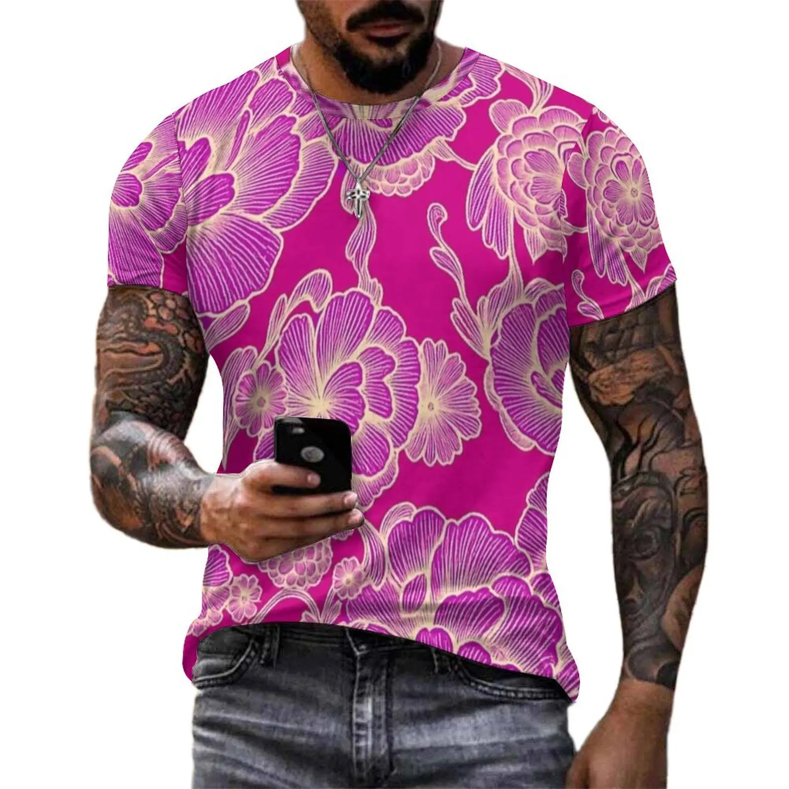 Hot Pink Line Art Peony Floral Print T Shirt  Hip Hop T Shirts Short-Sleeve Custom Tops Hot Beach Awesome Big Size Tees