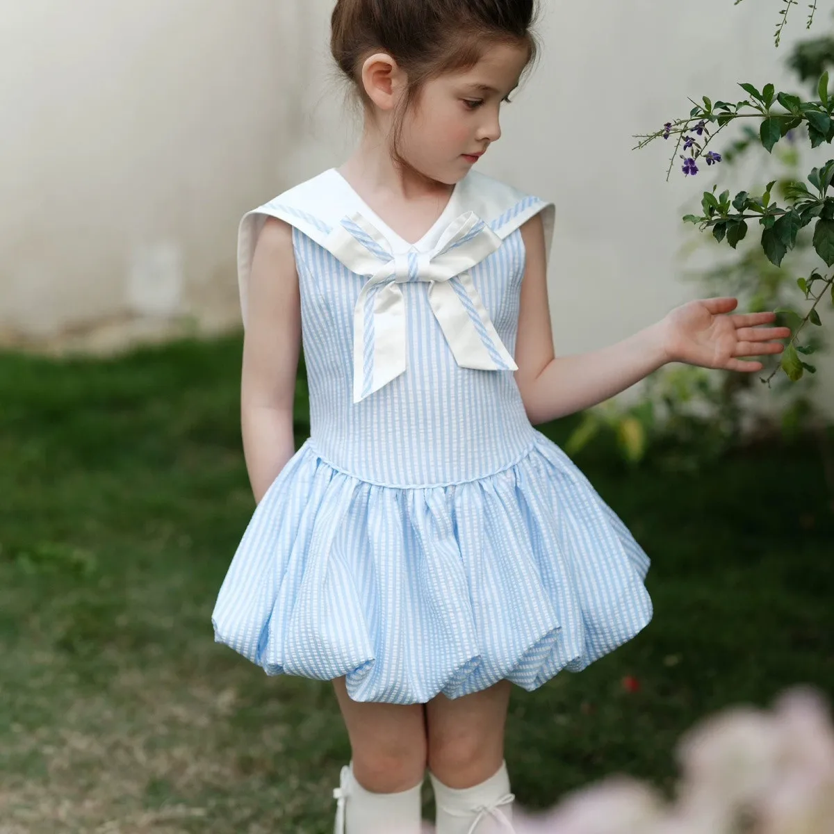 

Baby Girls' Dress Summer Fashion New Design Sense Children's Sleeveless Navy Neck Blue Striped Dress
