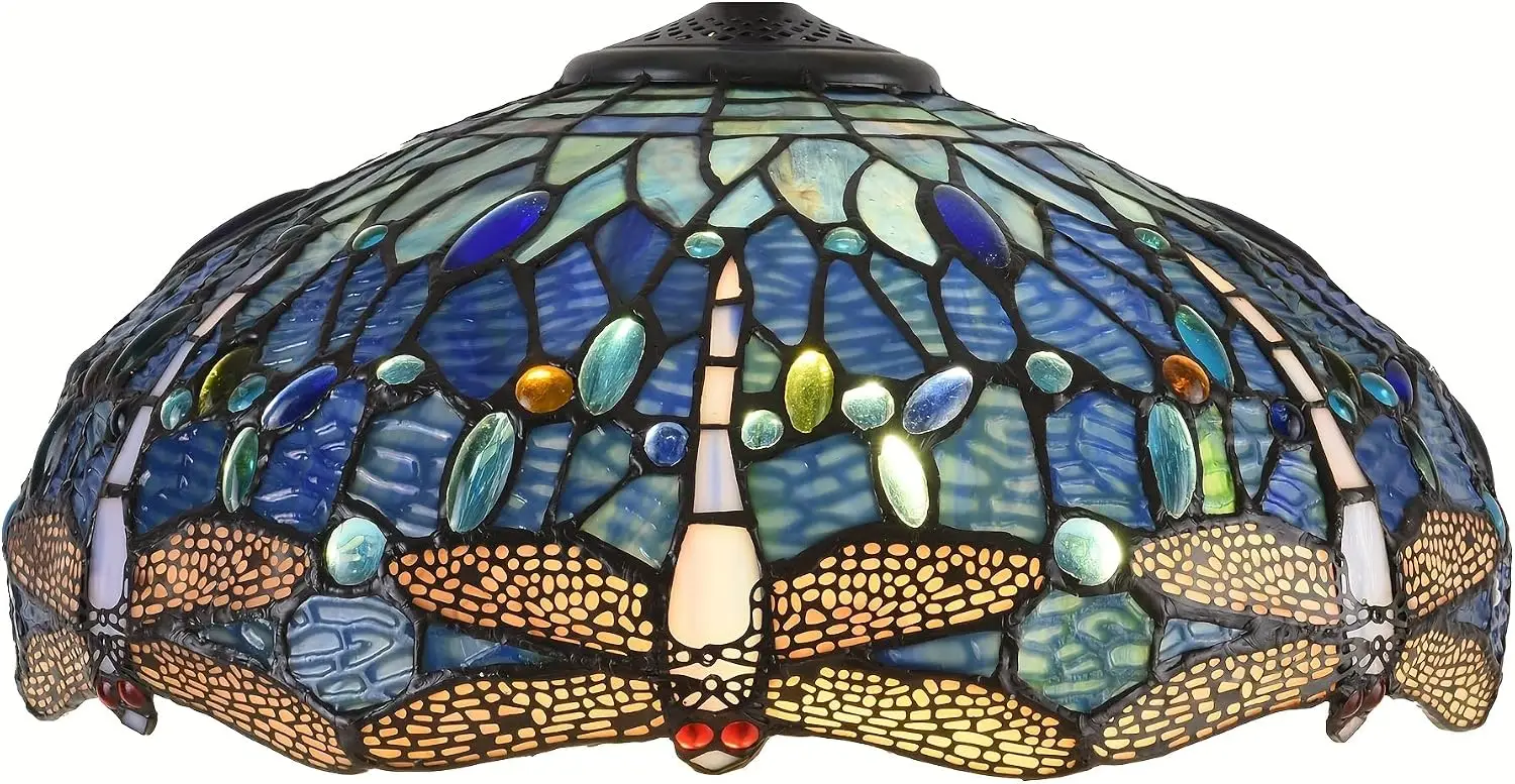 Lamp Shade Replacement 16X7.4 Inch Blue Stained Glass Dragonfly Style Lampshade, 0.4 Inch at the Top Fitter Opening for Table lamp Pendant Light