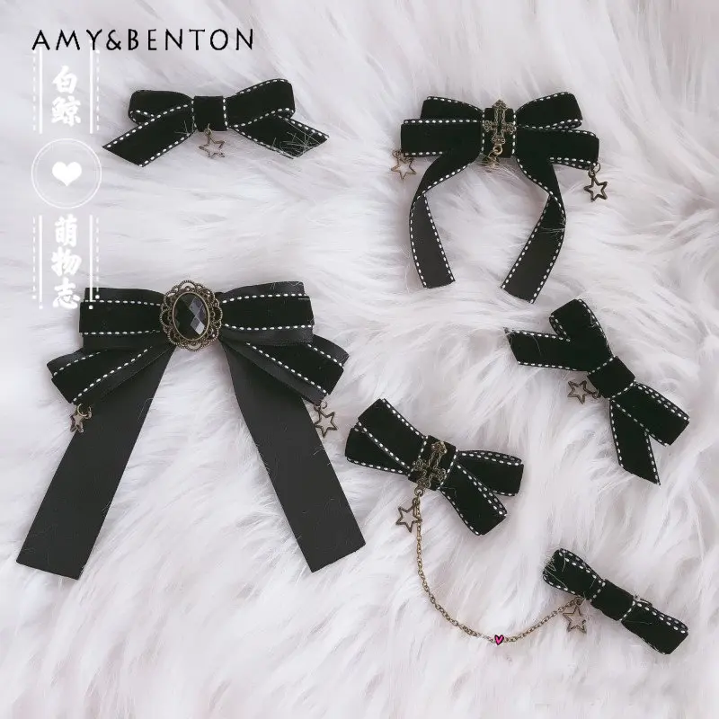 

Black Velvet Brooch for Women Bow Tie Vintage Cross Hairware Side Clip Bow Female Lolita Head Accessories Barrettes