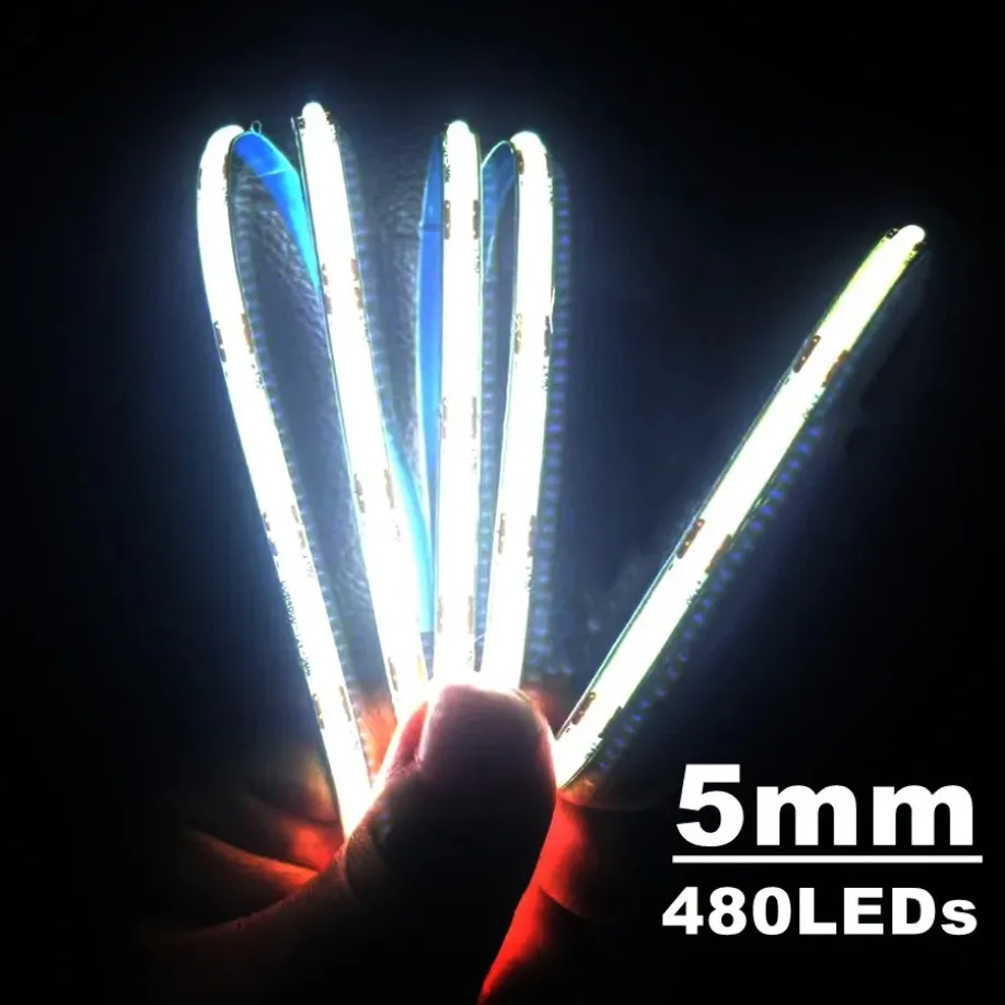 5mm PCB COB LED Strip Light 12V 24V 480LEDs/M ad alta luminosità FCOB flessibile LED Bar Tape Ribbon lineare dimmerabile per la decorazione della stanza