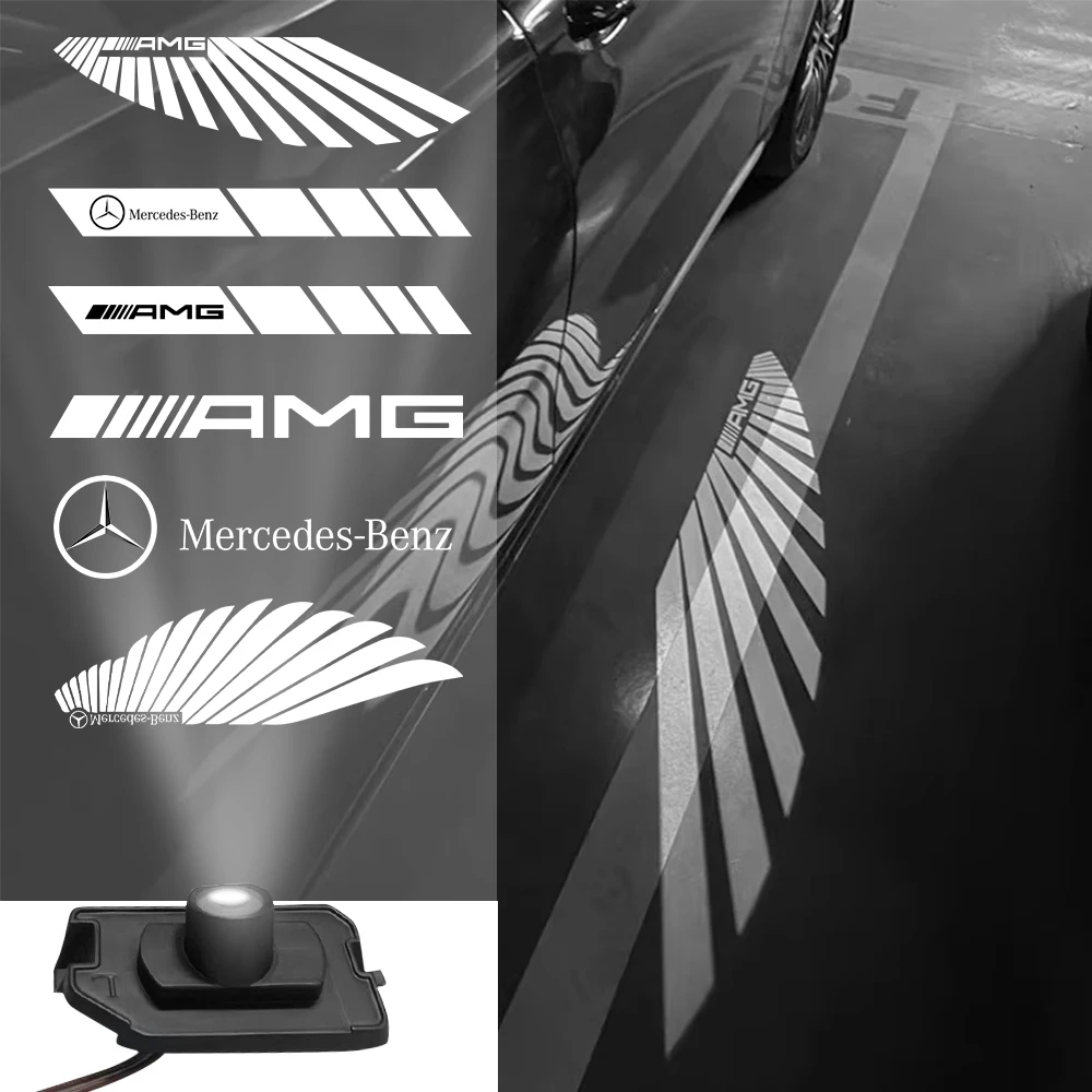 2PCS LED HD Car Angel Wing Emblem Welcome Lights Rearview Mirror Carpet Lamps Projector Atmosphere Lights for Mercedes Benz AMG