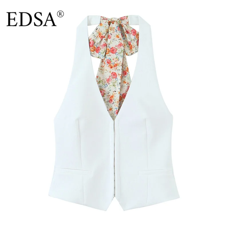 

EDSA женский белый жилет с лямкой на шее и шарф с принтом, v-образный вырез с открытой спиной, летний отдых, пляжный стиль, жилет, блузка, топы