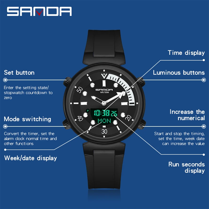 SANDA Men Watch Quartz Sports Watches Fashion Small Dial Men Watches Digital Dual Display Women Military Waterproof Wrist Watch