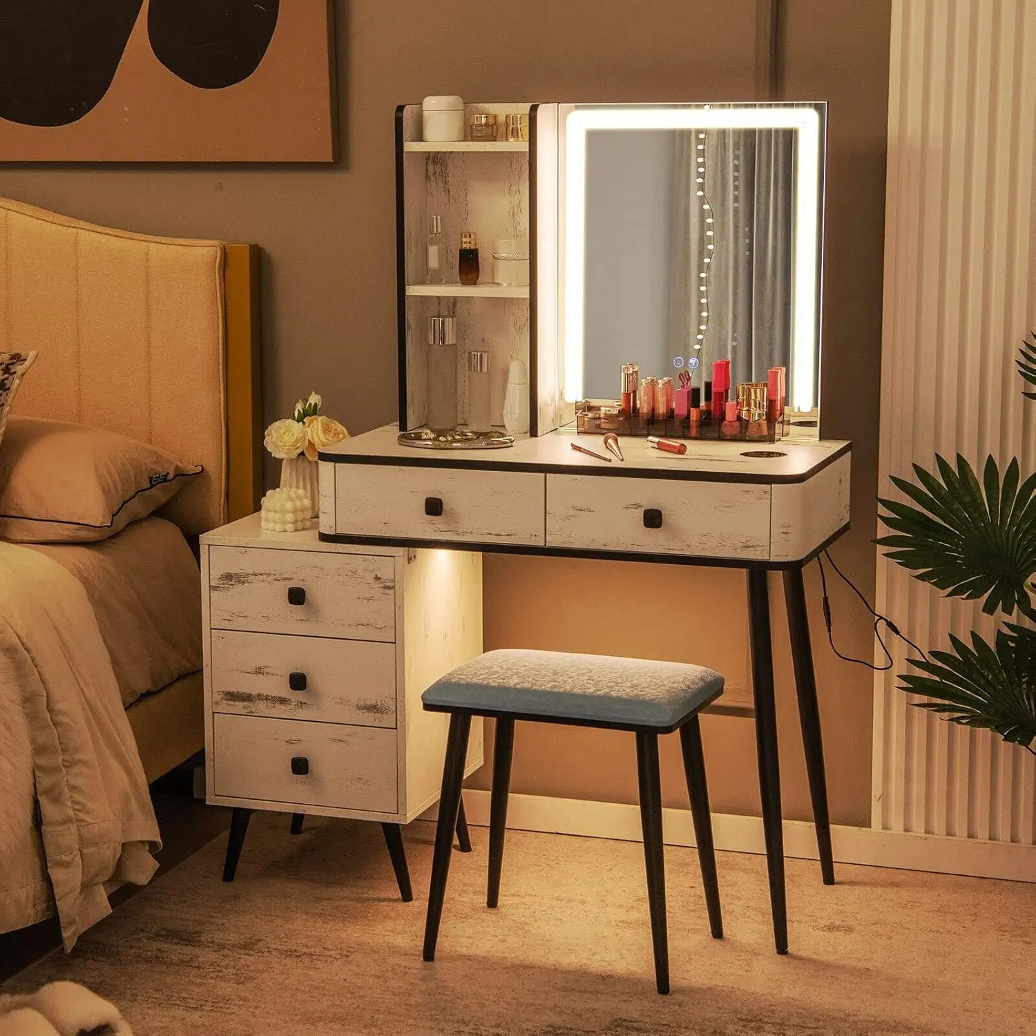 with 3-Color Dimmable LED Lights, 5 Drawers, Storage Shelves, Cushioned Stool and C,Vanity Set with Lighted Mirror, Makeup Table