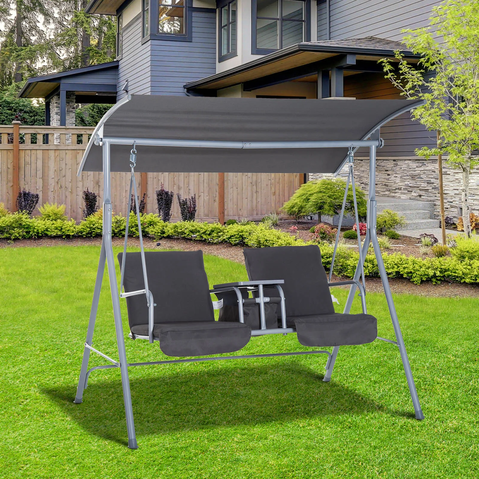 Outsunny 2 Seater Garden Swing Chair Patio Rocking Bench W/ Tilting Canopy, Double Padded Seats, Storage Bag and Tray, Grey