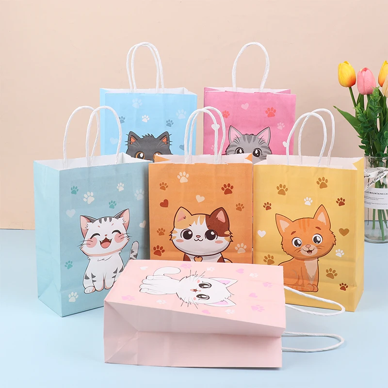 6Pcs Colorful Cartoon Cat Paw Print Paper Candy Bags Gift Bags With Handles For Pet Theme Kid Birthday Party Decorations Favors