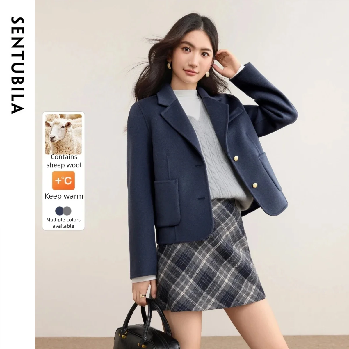 

SENTUBILA Winter Woolen Coats for Woman 2025 New Turn-down Collar Jackets Pockets Warm Long Sleeve Female Outwears W54OA2670