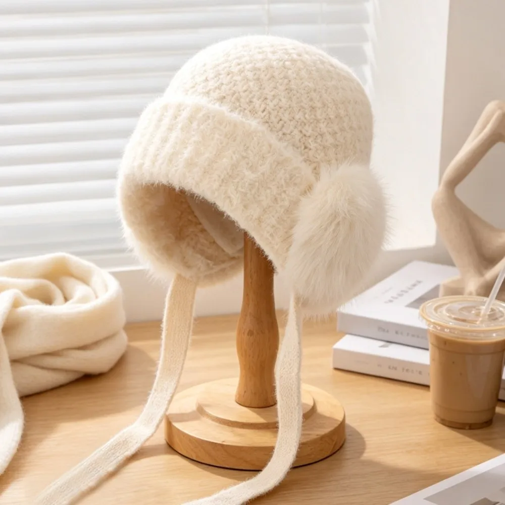 Faux Fur Trim Winter Beanie Hat Ribbed Brim Braided Ties Earflap Beanie Hat Ear Protection Cozy Chunky Knit Peruvian Hat