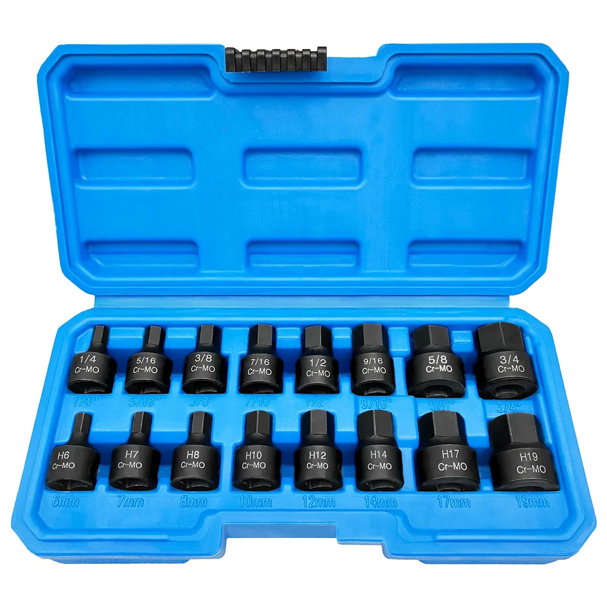 AB02 3/8 Inch Drive Low Profile Impact Hex Driver Set 16 Pcs SAE/Metric 1/4-3/4 Inch 6-19mm Cr-Mo Steel