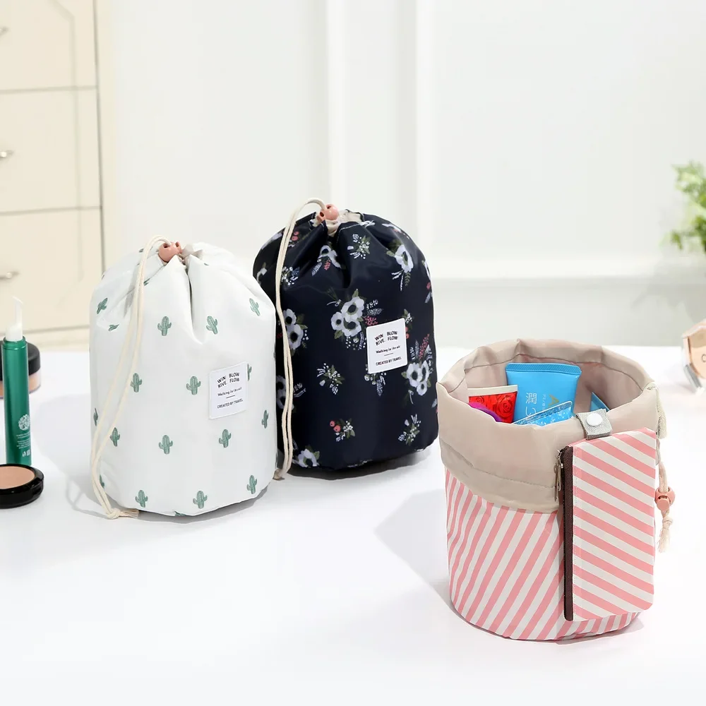 Women Lazy Drawstring Cosmetic Bag Color Cylinder Drawstring Travel Makeup Bag Large Capacity Beauty Makeup Storage Toiletry Kit