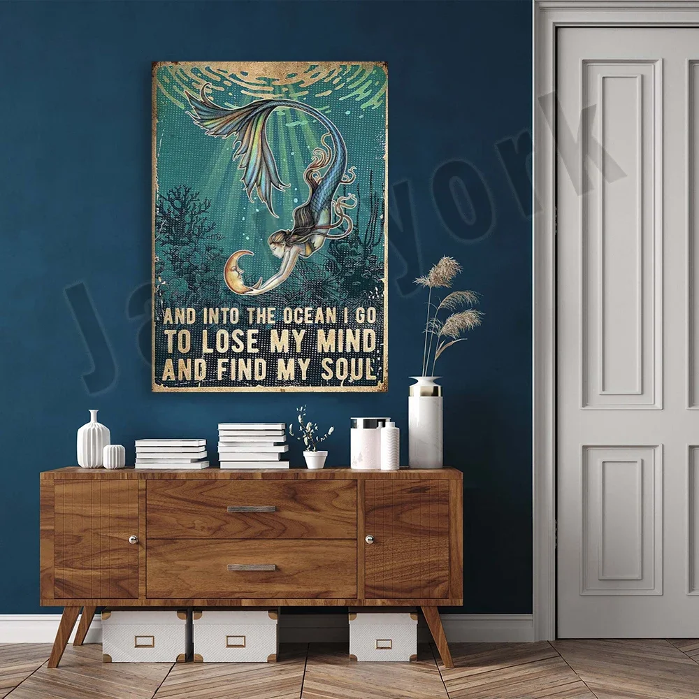 And Into the Beach I Go to lost my mind and find my soul poster, retro mermaid poster, undersea print, hippie, mermaid lover