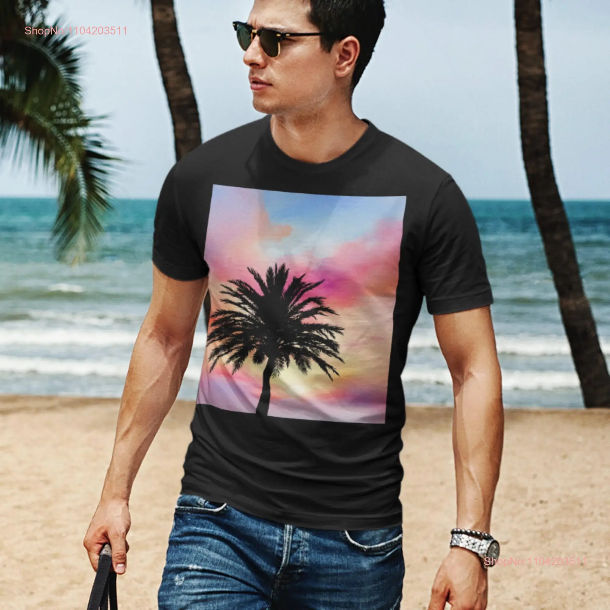 Silhouetted Palm Tree with Pastel Sunset T shirt Tropical Beach Vibes long or short sleeves