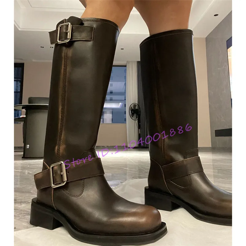 Autumn Winter Women's Retro Knee High Boots Square Toe Belt…