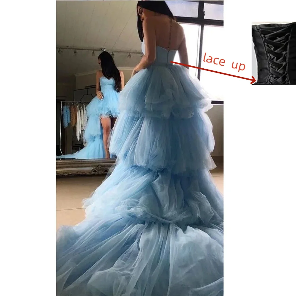 Customized High Low Prom Dress Sweetheart Ruffles Light Blue Tulle Short Front Long Back Party Dresses Graduation Evening Gowns