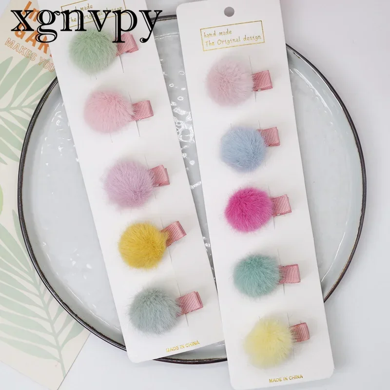 xgnvpy 5pcs/set Cute Girls Hairpins Small Lovely Soft Fur Pompom Mini Ball Hair Clips Children Headwear Kids Hair Accessories