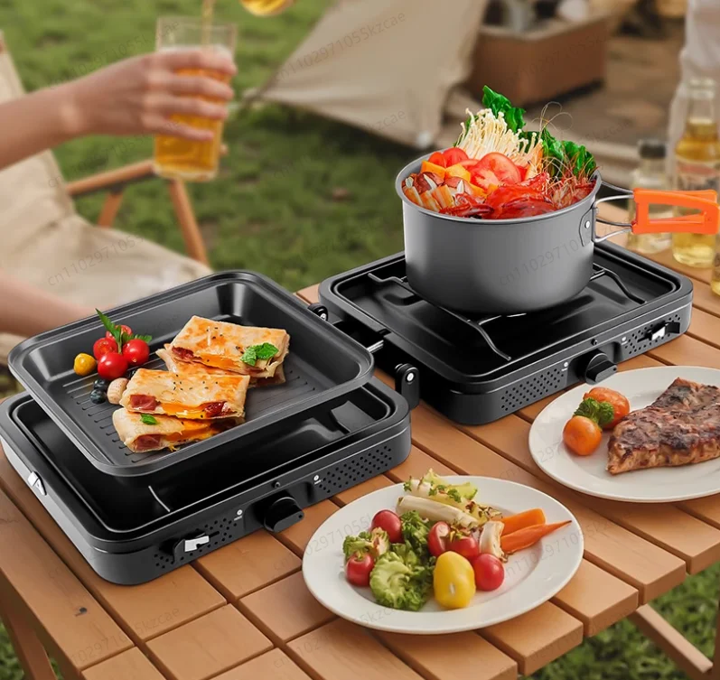 Estufa de Gas plegable de doble fuego, sartén antiadherente de 2300W, quemador de encendido electrónico para acampar al aire libre, portátil de alta potencia