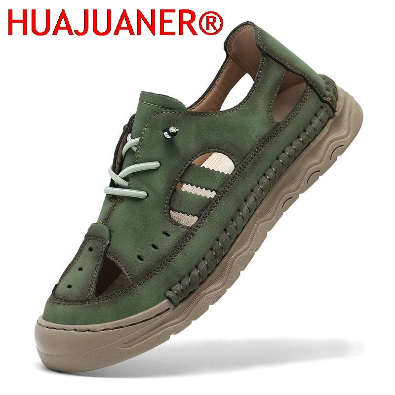 

Мужские кожаные сандалии в классическом ретро-стиле, летние дышащие пляжные туфли с кожаной сетчатой отделкой, повседневные уличные сандалии, размеры 38-48