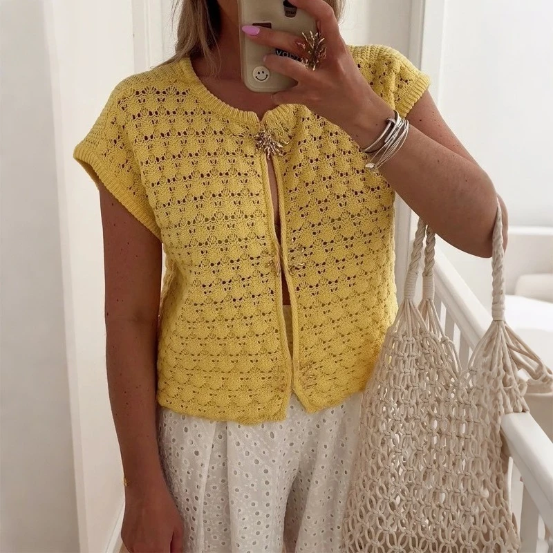 

Весенне-летний вязаный кардиган с круглым вырезом и короткими рукавами, топ в стиле ретро, женский модный вязаный свитер, темпераментная футболка, топ