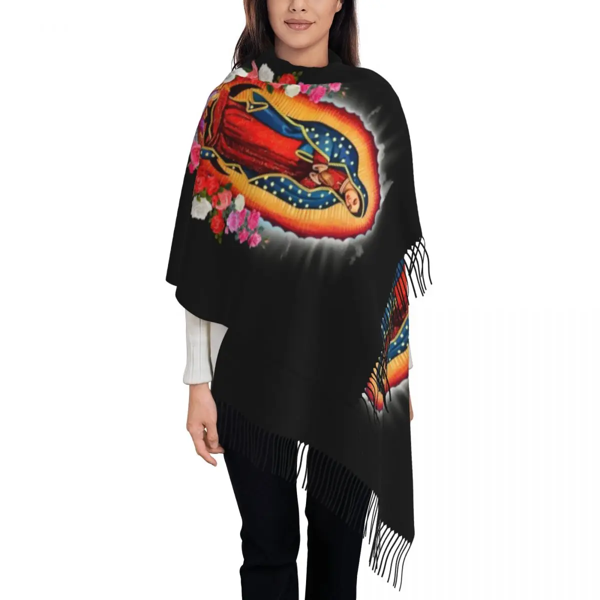 

Fashion Virgin Mary Of Guadalupe Tassel Scarf Women Winter Warm Shawl Wrap Ladies Mexico Catholic Saint Scarves