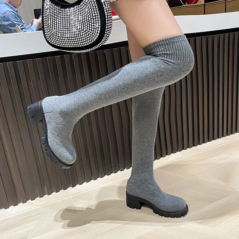 Women Boots Sexy Slim Over The Knee Stretch Sock Autumn Spring Winter Thick Long Anti-slip Platform Comfortable Night Club Shoes