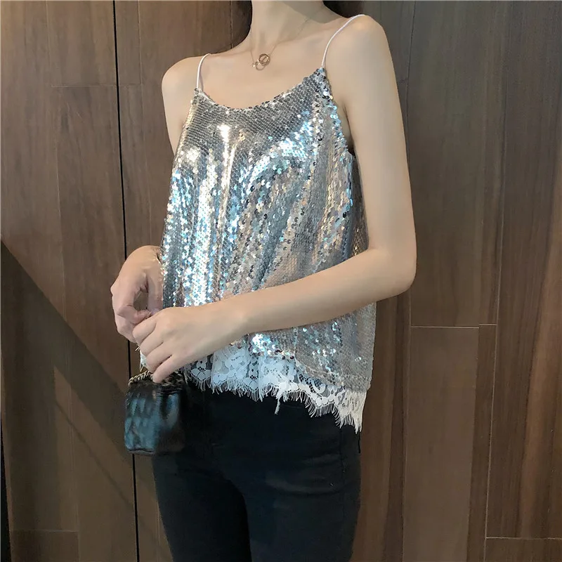 Sexy Glittering Knitted Tank Tops Women Camisole Vest Gold Thread Top Vest Sequined Stretchable Slim Tops
