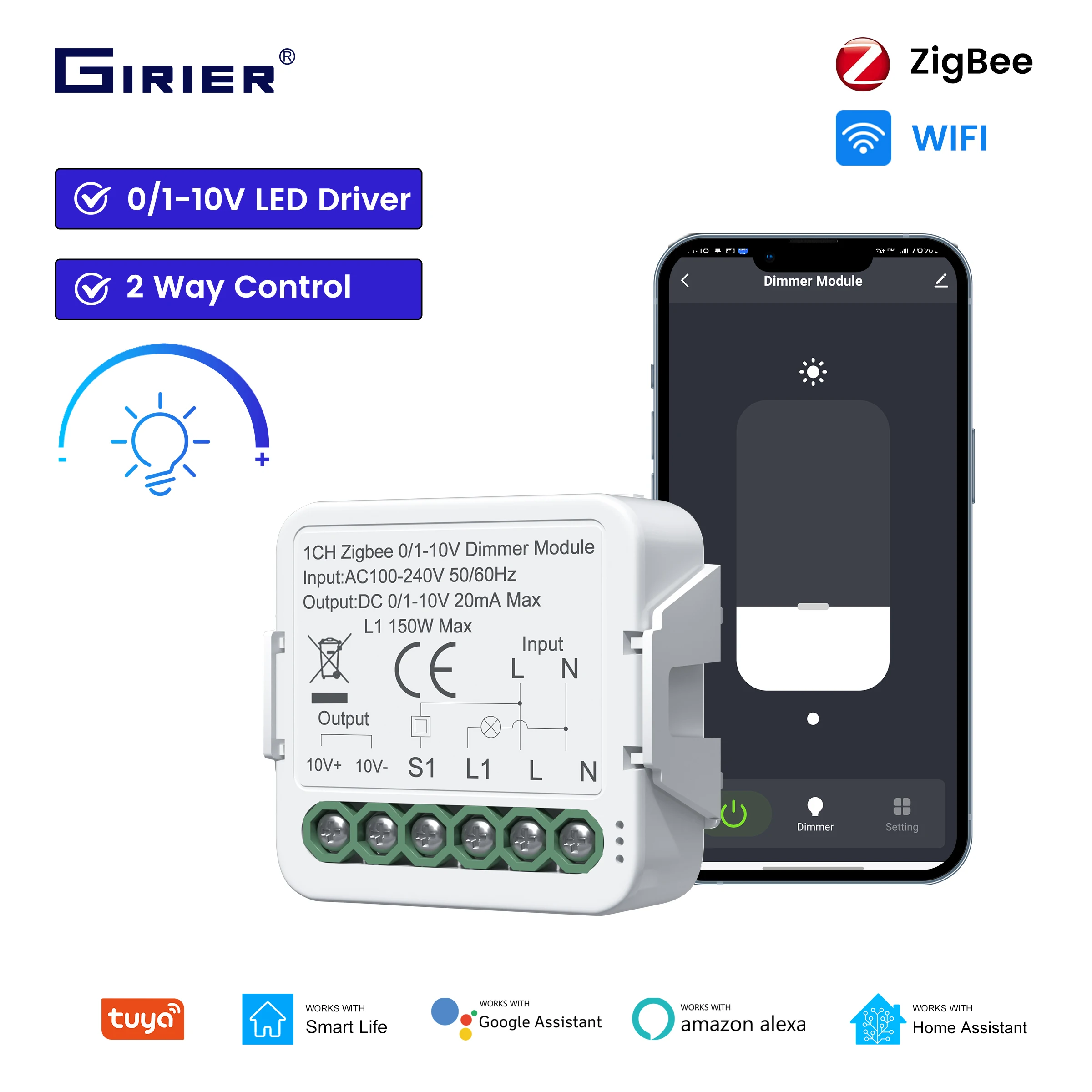 

GIRIER Dimmer Switch Module ZigBee/WiFi Smart Home Breaker Relay for DC0-10V Light Driver Support Timing Function Alexa Tuya APP