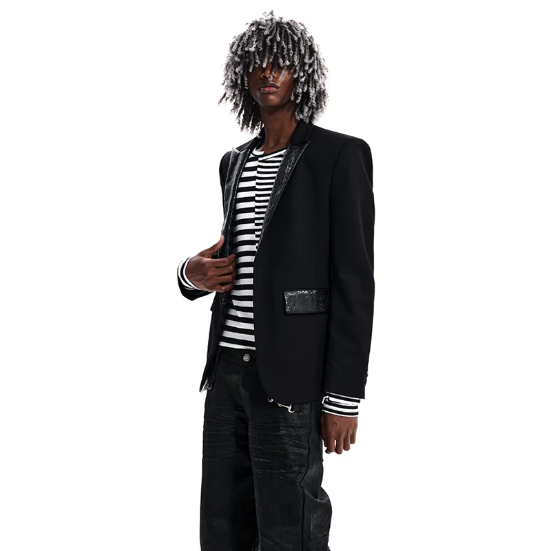 LUZHEN 2026 New Trendy Luxury Elegant Temperament Splicing PU Leather Niche Design Blazer Coat Men Fashion Casual Jacket JY8673