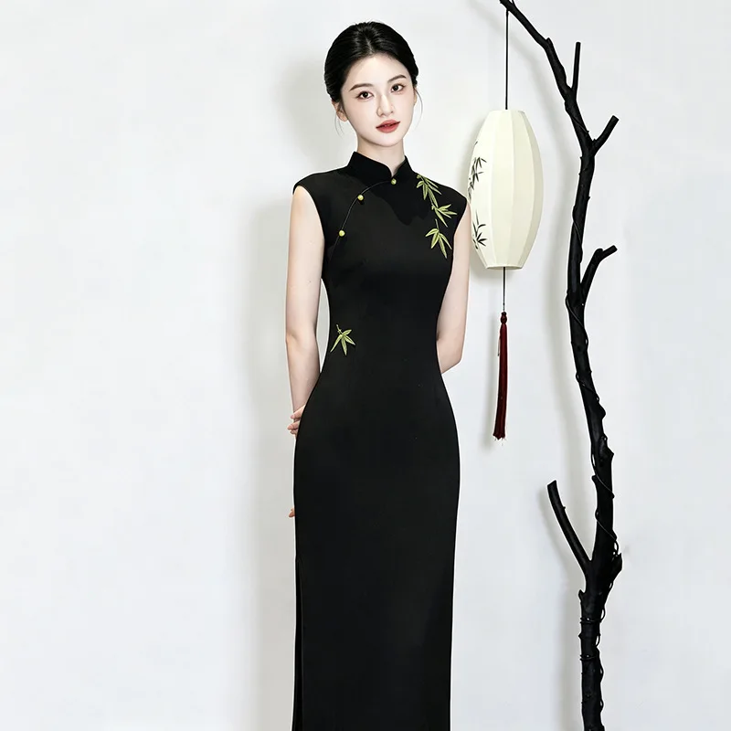 embroidered-bamboo-black-sleeveless-chinese-style-suzhou-long-cheongsam-improved-young-style-female-dress-qipao