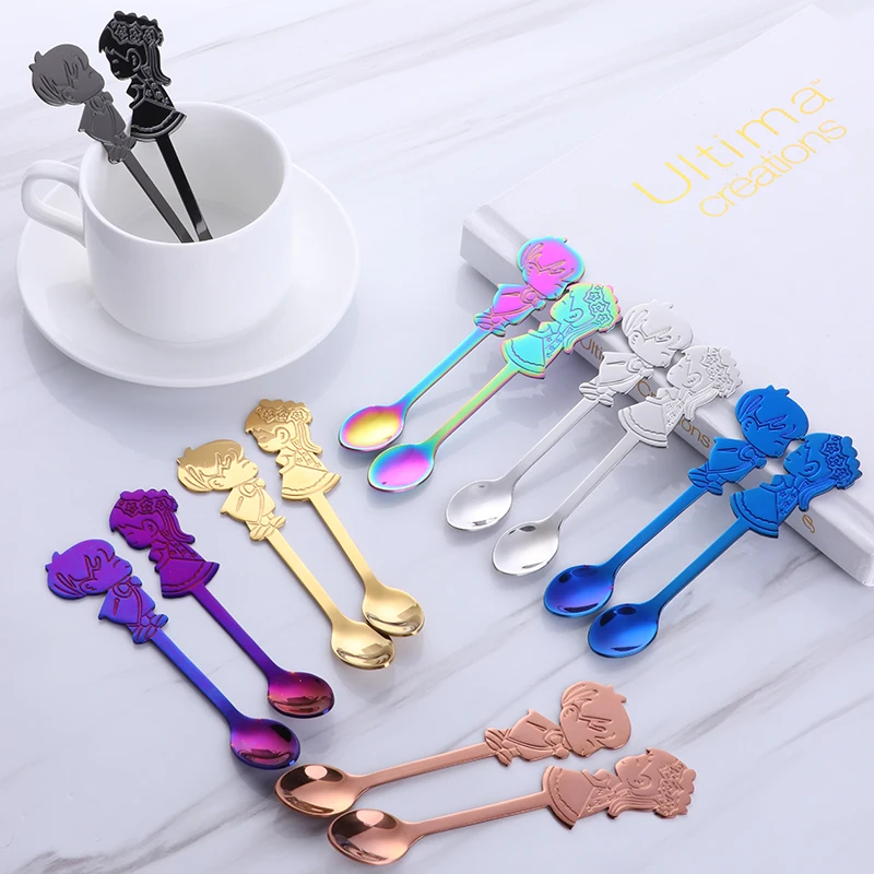 2Pcs/Set Stainless Steel Couple Coffee Spoon Dessert Ice Cream Stirring Spoon Tea Spoon Kitchen Tableware Wedding Supplies Gift