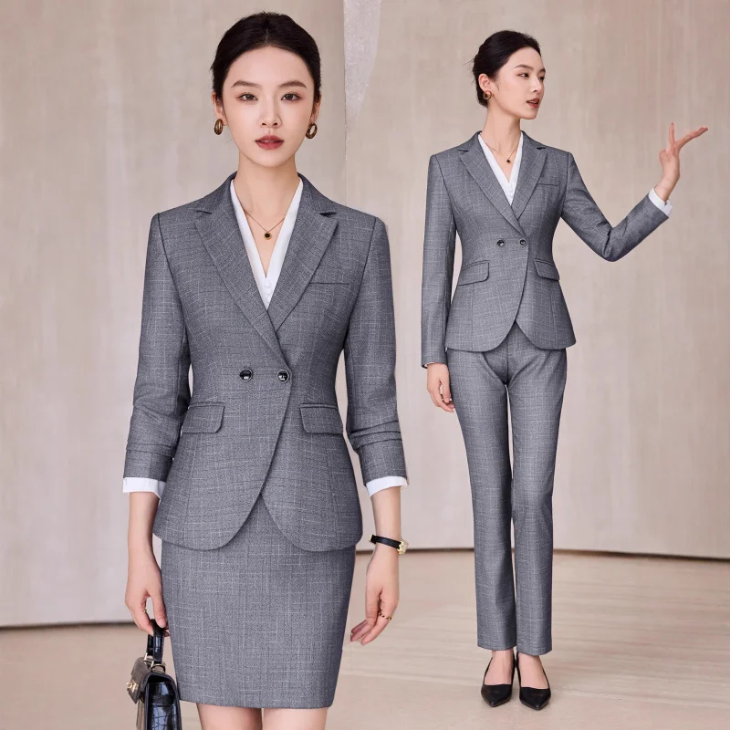 

Серый профессиональный женский элитный корейский модный торжественный костюм для интервью, осенне-зимний элегантный пиджак, ювелирный магазин, рабочая одежда