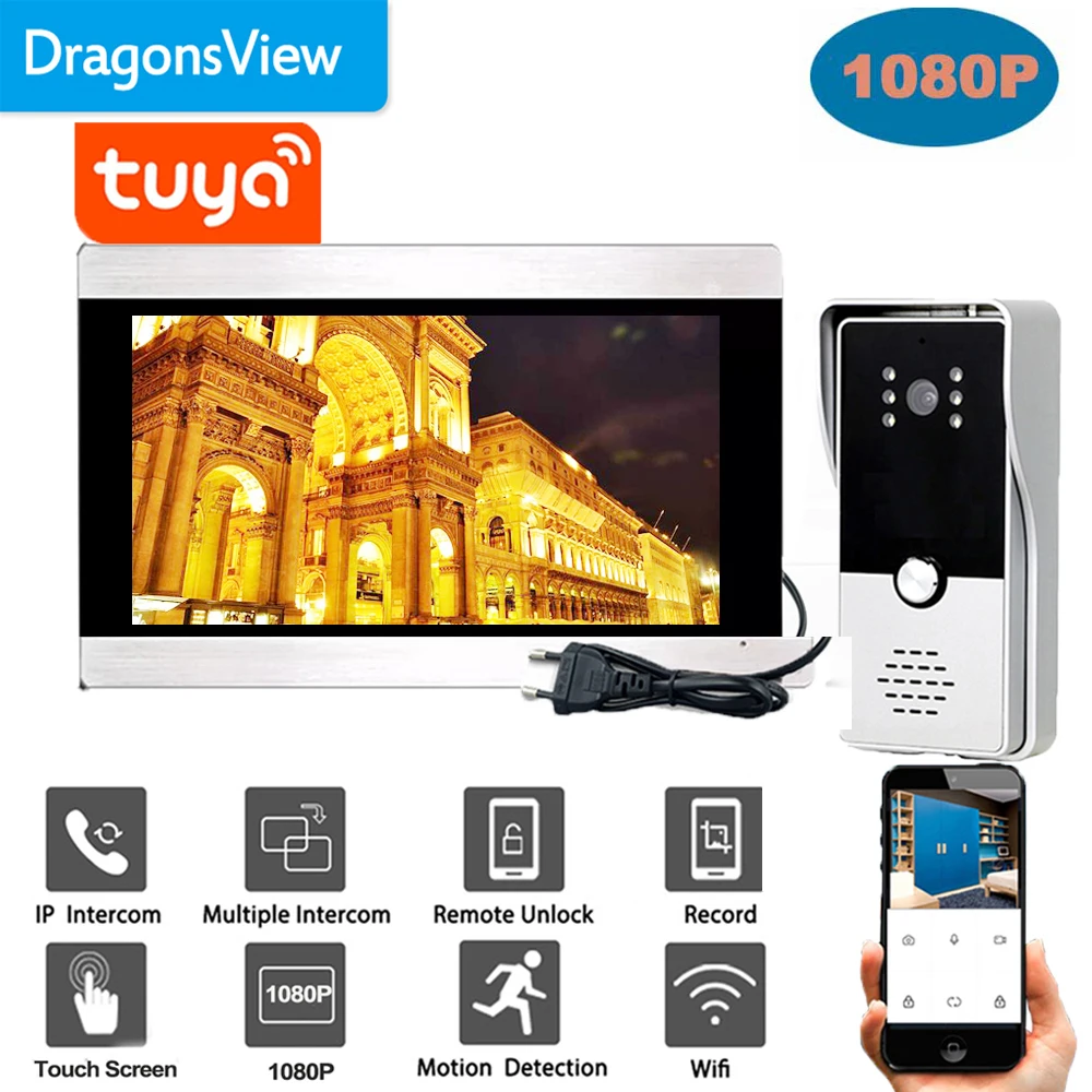 Dragonsview 1080P Tuya Smart Video Door Phone Intercom System WIfi Wireless Full Touch Monitor Wired Doorbell with Camera Motion