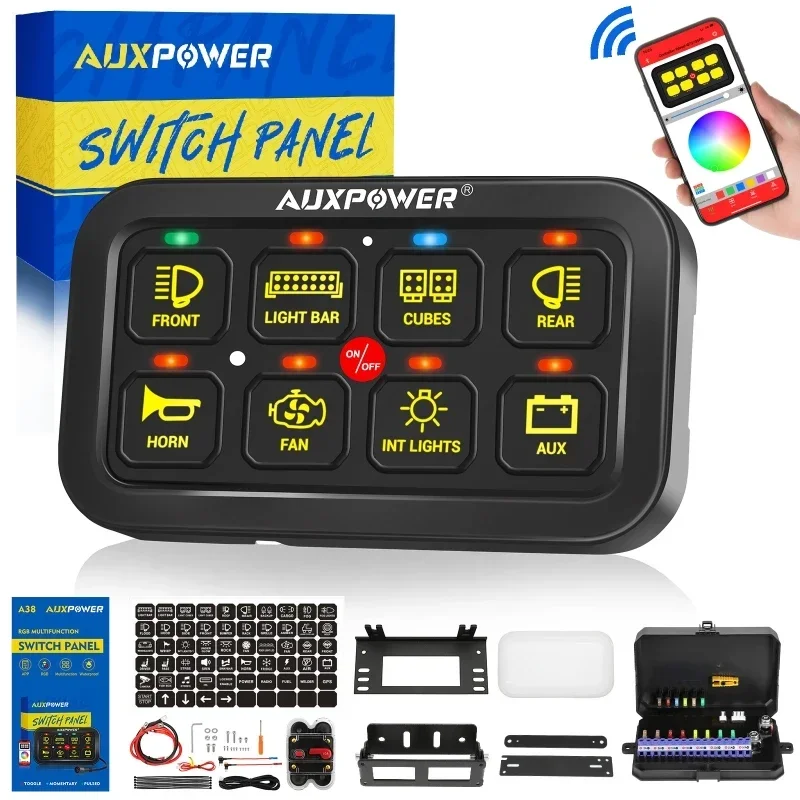 AUXPOWER RGB 8 Gang Switch Panel Toggle/Momentary/Pulsed Supported with/without App Control (One-Sided Outlet)