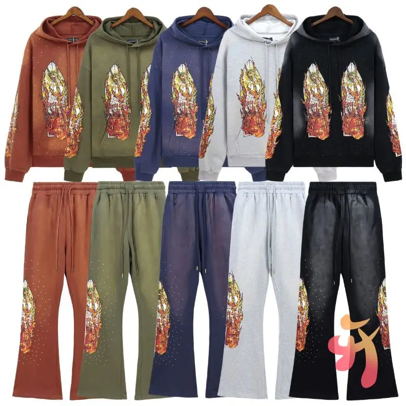 Men Women Street Cleanfit Set WHO DECIDES WAR Hoodies Washed Retro Orange Glass Flame Print Hoody Casual Bell-bottoms Pants