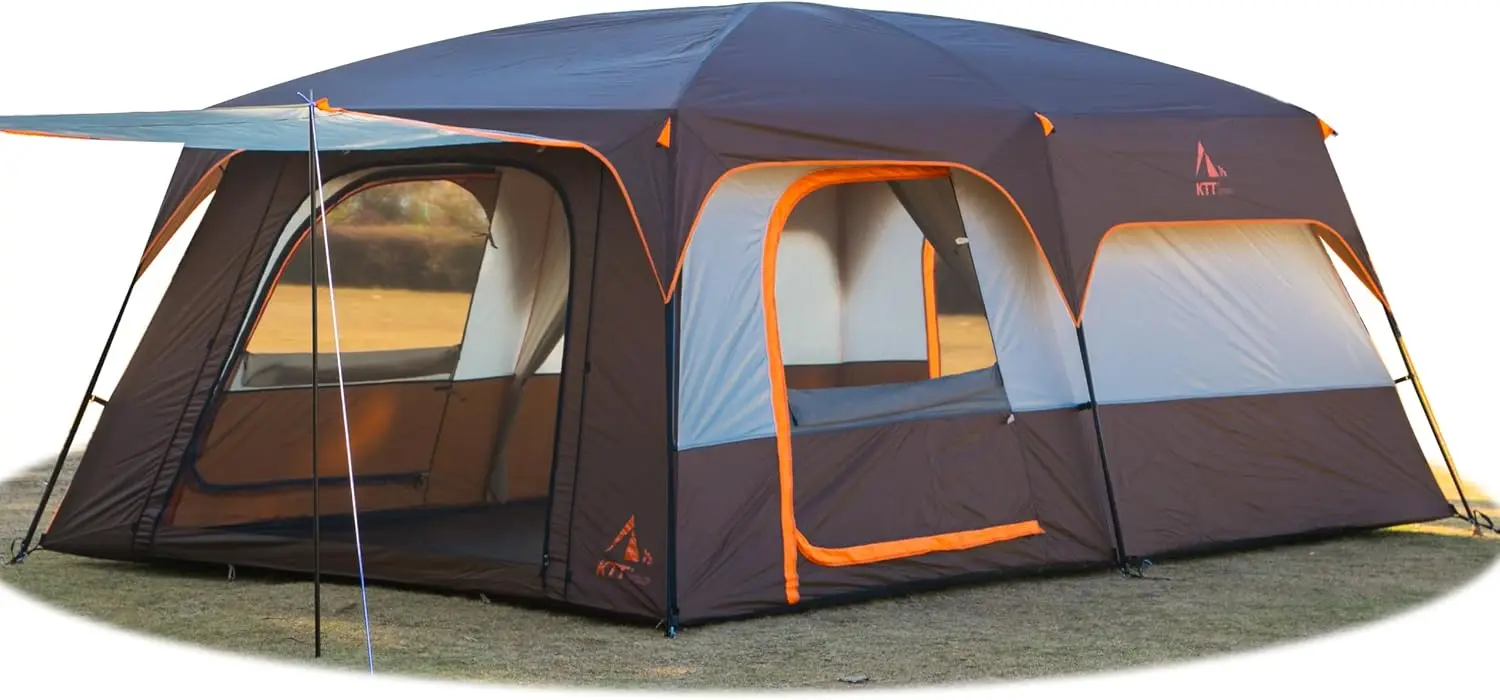 Large Cabin Tent 10 12 14 Person Two Rooms Three Doors Mesh Windows Straight Wall Waterproof Double Layer Outdoor Picnic Camping