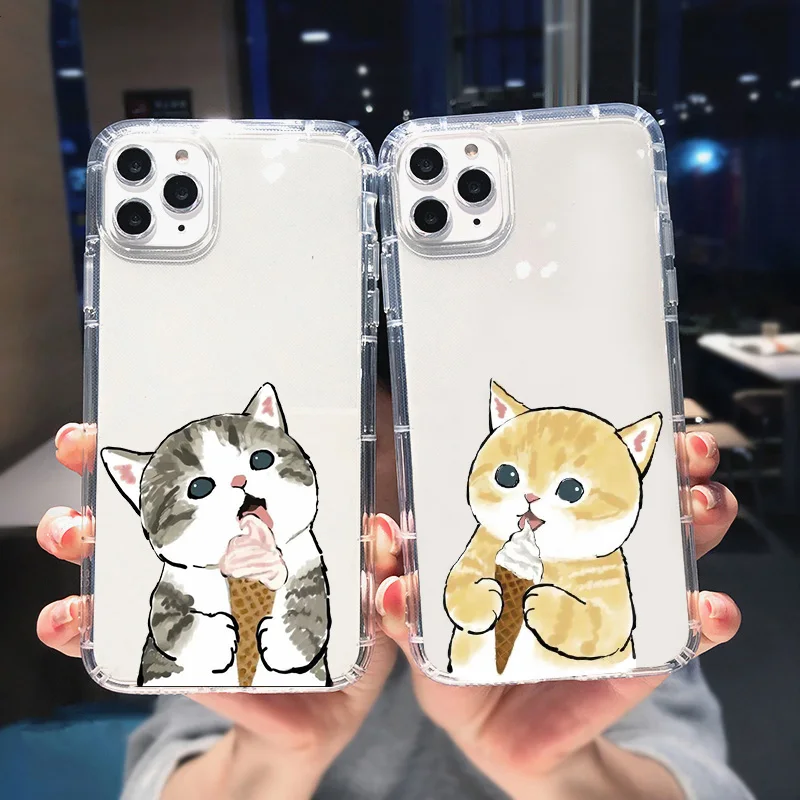 Cartoon Cat Phone Case for iPhone 14 13 12 11 Pro XS Max Mini 7 8 14 Plus X XR SE Shockproof Transparent Ice Cream Covers Fundas