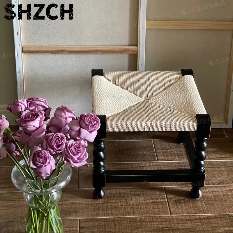 mid-century-wood-shoe-stool-rope-weaving-shoe-changing-bench-black-square-entryway-ottoman-vintage-living-room-coffee-table-seat
