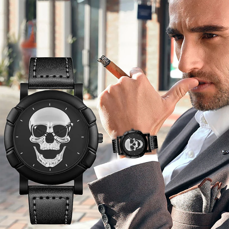 Fashion Mens Personalized 3D Skull Watches Luxury Men Casual Quartz Wristwatch Male Military Sports Leather Watch Reloj Hombre